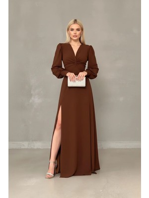 Infivento Kadın Krep Kumaş Önü Düğüm Detay Maxi Boy Uzun Kollu Çift Yırtmaçlı Abiye Elbise