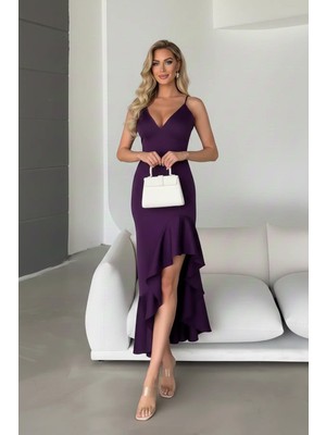 Infivento Kadın Ince Askılı Etek Ucu Asimetrik Volanlı Scuba Kumaş Abiye Elbise