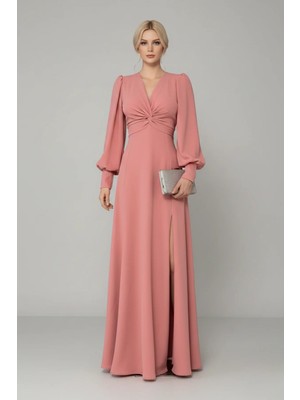 Infivento Kadın Krep Kumaş Önü Düğüm Detay Maxi Boy Uzun Kollu Çift Yırtmaçlı Abiye Elbise