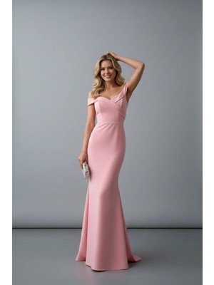 Infivento Kadın Krep Kumaş Kısa Kollu Kayık Yaka Yırtmaç Detay Maxi Boy Abiye Elbise