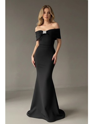 Infivento Madonna Yaka Taş Detay Maxi Boy Scuba Kumaş Balık Abiye Elbise