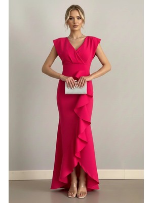 Infivento Kadın Kruvaze Yaka Volanlı Yırtmaç Detay Scuba Kumaş Balık Abiye Elbise