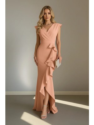 Infivento Kadın Kruvaze Yaka Volanlı Yırtmaç Detay Scuba Kumaş Balık Abiye Elbise