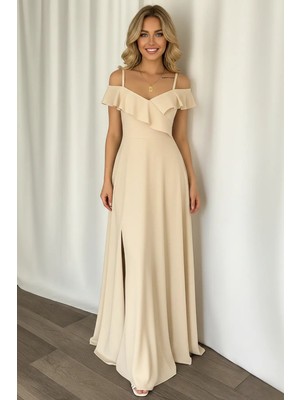 Infivento Kadın Yaka Volanlı Krep Kumaş Uzun Abiye Elbise