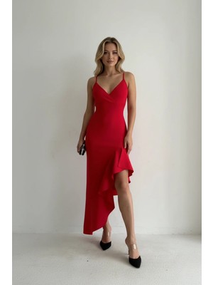 Infivento Kadın Ince Askılı Etek Ucu Asimetrik Volanlı Scuba Kumaş Abiye Elbise