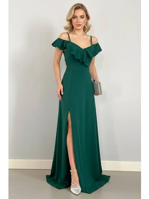 Infivento Kadın Yaka Volanlı Krep Kumaş Uzun Abiye Elbise