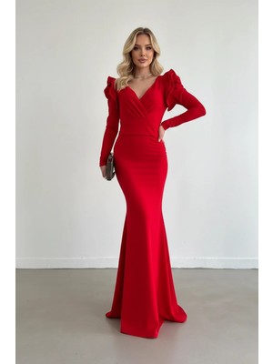 Infivento Kadın Omuzları Volan Detay Uzun Kol Kuşaklı Maxi Boy Ithal Krep Kumaş Abiye Elbise