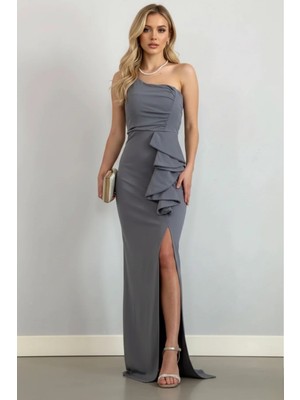 Infivento Kadın Tek Omuz Ithal Krep Kumaş Volanlı Abiye Elbise