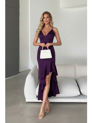 Infivento Kadın Ince Askılı Etek Ucu Asimetrik Volanlı Scuba Kumaş Abiye Elbise