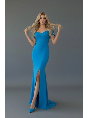 Infivento Kadın Krep Kumaş Kısa Kollu Kayık Yaka Yırtmaç Detay Maxi Boy Abiye Elbise