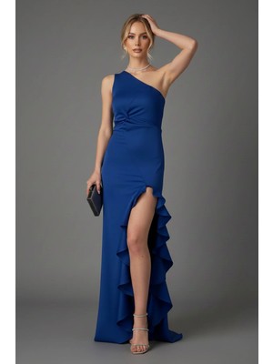 Infivento Kadın Tek Omuz Düğüm Detay Yırtmaçlı Uzun Scuba Kumaş Abiye Elbise