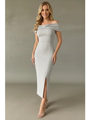 Infivento Kadın Scuba Kumaş Yaka Detaylı Uzun Abiye Elbise