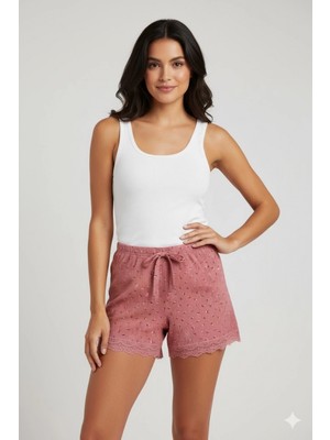 Marsilyan Düz Renk Mini Çiçek Desenli Penye Kadın Ev Şortu Bacak Dantel Detaylı Ev Giyim Pembe