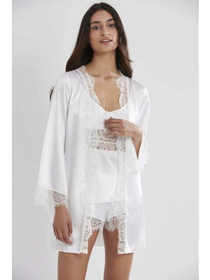 Pierre Cardin Saten 3lü Kimono Şort Takımı 2490 Ekru