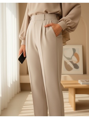 Modamorfo Tek Düğmeli Önü Katlama Detaylı Cepli Pantolon  -Açık Vizon