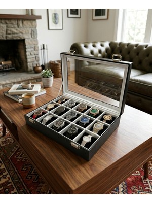 ALPİN KUTU Ahşap Suni Deri Kaplama Saat Kutu Organizer Çantası