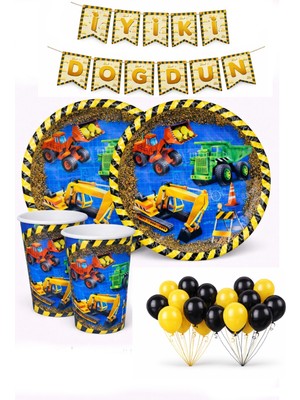 Bkmc Inşaat Temalı 20’li Sarı Siyah Balon Seti Tabak Bardaklı Parti & Doğum Günü Dekorasyon