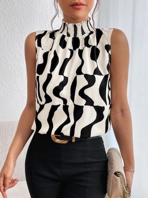 Marsilyan- Kadın Kolsuz Balıkçı Yaka Desenli Süprem Bluz