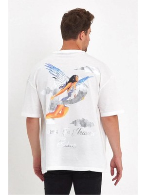 Luz&Pos Erkek Melek Baskılı T-Shirt Kısa Kol Bisiklet Yaka Regular Fit Rahat Kalıp Tişört - Beyaz