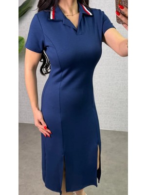 Marsilyan- Kadın Polo Yaka Çift Yırtmaç Detay Modal Kumaş Midi Boy Elbise