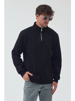 Lenithra Basic Oversize Siyah Unisex Yarım Fermuar Boğazlı Sweatshirt