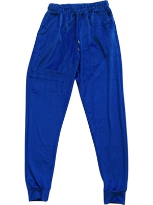 Marsilyan Parlak Kadife Cepli Pantolon Eşofman Pijama Altı Unisex Lastikli Paça Mavi