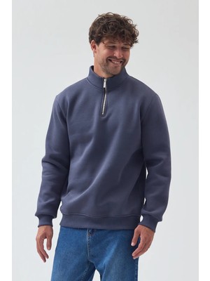 Lenithra Basic Oversize Siyah Unisex Yarım Fermuar Boğazlı Sweatshirt