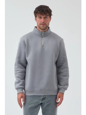 Lenithra Basic Oversize Siyah Unisex Yarım Fermuar Boğazlı Sweatshirt
