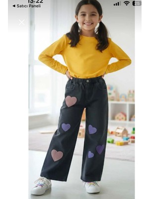 Jeans Kız Çocuk Kalp'li Kot Likrasız Desenli Bel Lastikli % 100 Pamuk Geniş Paça Denim Pantolon