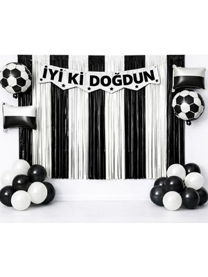 Bkmc Lüks Siyah Beyaz Taraftar (Süper Set) Arkafonlu Konsepti Doğum Günü Parti Seti Süsü