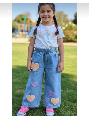 Jeans Kız Çocuk Kalp'li Kot Likrasız Desenli Bel Lastikli % 100 Pamuk Geniş Paça Denim Pantolon