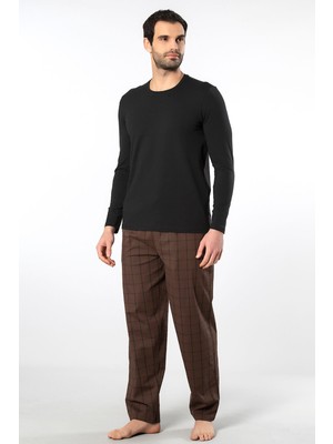 Cacharel Erkek Poplin O Yaka Uzun Kollu Pijama Takım 2239/KAHVE 1