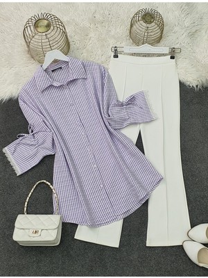 Modamorfo Kolu Dantelli Bağcıklı Çizgili Gömlek -Lila