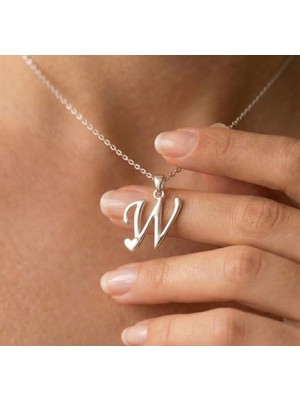 Ashak Accessories Kadın 925 Ayar Gümüş Zincirli W Harfi Kalpli Baş Harfli Kalp Harf Alfabe Isim Kolye