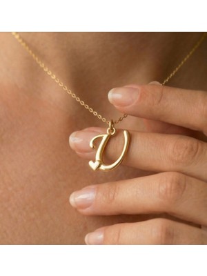 Ashak Accessories Kadın 925 Ayar Gümüş Zincirli U Harfi Kalpli Baş Harfli Kalp Harf Alfabe Isim Kolye