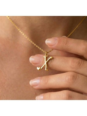 Ashak Accessories Kadın 925 Ayar Gümüş Zincirli x Harfi Kalpli Baş Harfli Kalp Harf Alfabe Isim Kolye