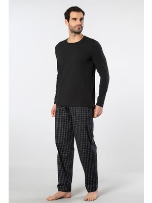 Cacharel Erkek Poplin O Yaka Uzun Kollu Pijama Takım 2239/SIYAH 2