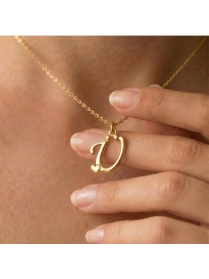 Ashak Accessories Kadın 925 Ayar Gümüş Zincirli Ü Harfi Kalpli Baş Harfli Kalp Harf Alfabe Isim Kolye