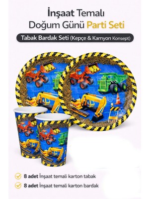 Bkmc Party Inşaat Temalı Doğum Günü Seti Tabak Bardak Kepçe & Kamyon Figürlü Tabak Bardak Parti Seti