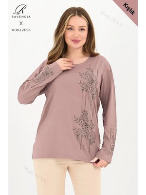 Ravencia Kadın Kışlık Viskon Şerit Desen Taşlı Işlemeli Likralı Anne Penye Bluz