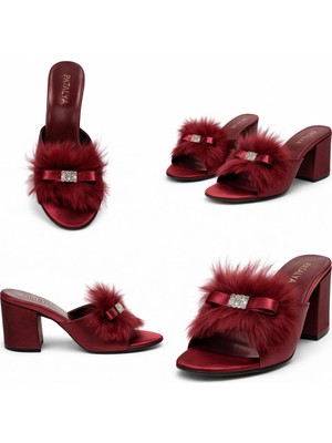 Ceyyiz Patalya Bordo Dolgu Topuk Taşlı Kaztüyü Kadın Terlik 625