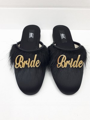 GC Terlikler Bride Gelin Topuksuz Kaz Tüyü Terlik Siyah-Gold Yazılı