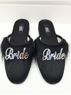GC Terlikler Bride Gelin Topuksuz Kaz Tüyü Terlik Siyah-Gümüş Yazılı