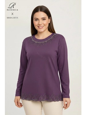 Ravencia Kadın Damla Desenli Yaka ve Etek Taşlı Işlemeli Yırtmaçlı Likralı Anne Penye Bluz