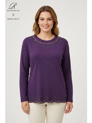 Ravencia Kadın Damla Desenli Yaka ve Etek Taşlı Işlemeli Yırtmaçlı Likralı Anne Penye Bluz