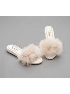 Ceyyiz Tulips Ekru Topuksuz Kaz Tüyü Kadın Terlik 561