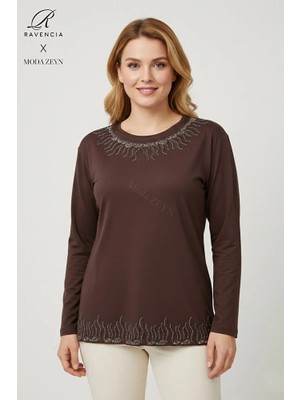 Ravencia Kadın Damla Desenli Yaka ve Etek Taşlı Işlemeli Yırtmaçlı Likralı Anne Penye Bluz