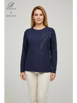 Ravencia Kadın Yaprak Desenli Taşlı Yırtmaçlı Nakış Işlemeli Likralı Viskon Anne Penye Bluz