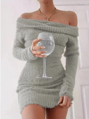 Marsilyan- Kadın Uzun Kollu Omuzlardan Açık Kısa Şardonlu Triko Elbise