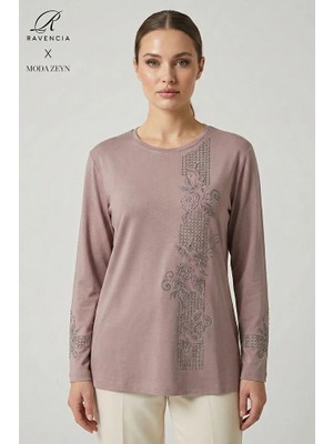 Ravencia Kadın Şerit Desenli Yaka ve Etek Taşlı Işlemeli Yırtmaçlı Likralı Anne Penye Bluz